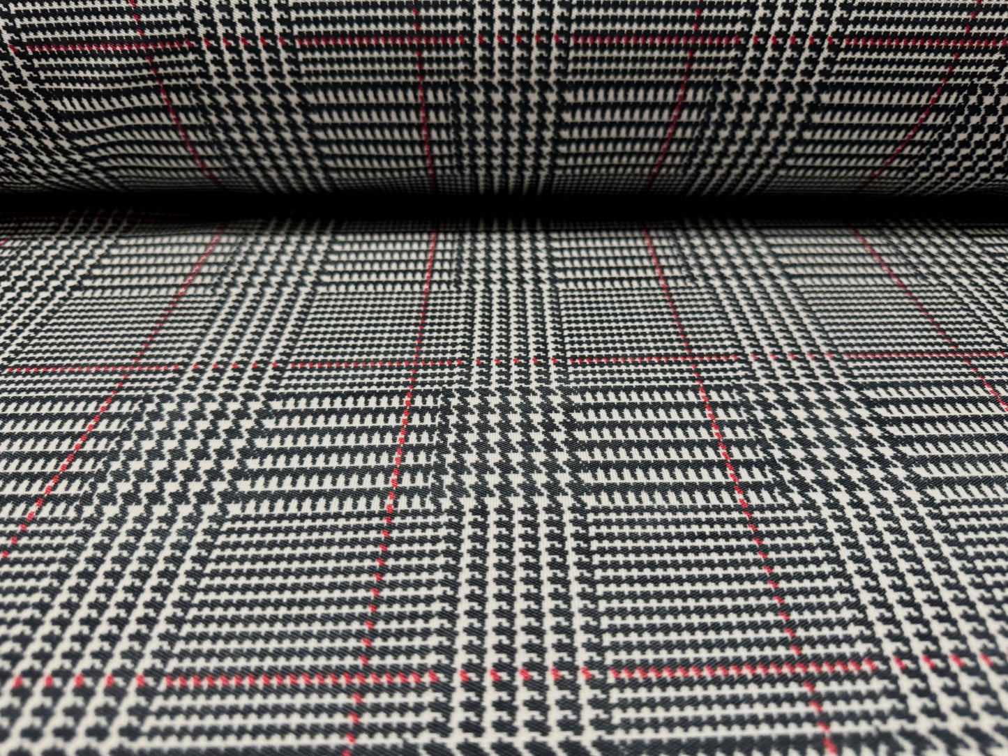 Double jersey upholstery fabric, per metre - dogtooth check print - grey & red
