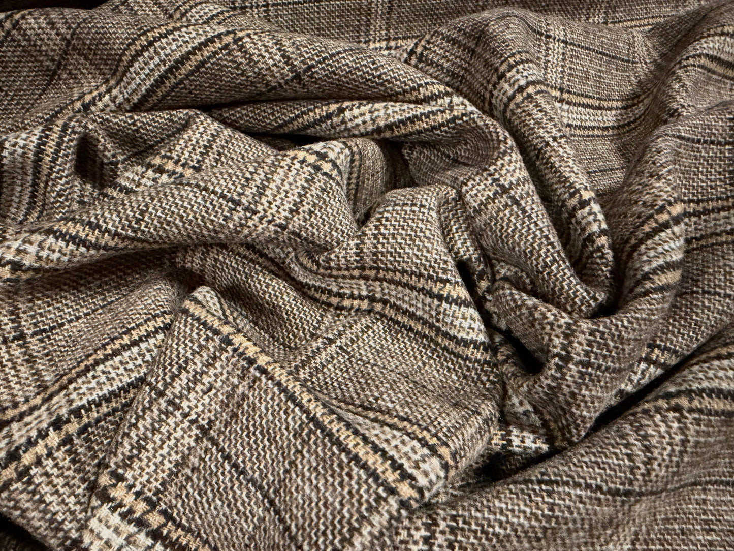 Wool flannel fabric, per metre - plaid - brown stone & grey