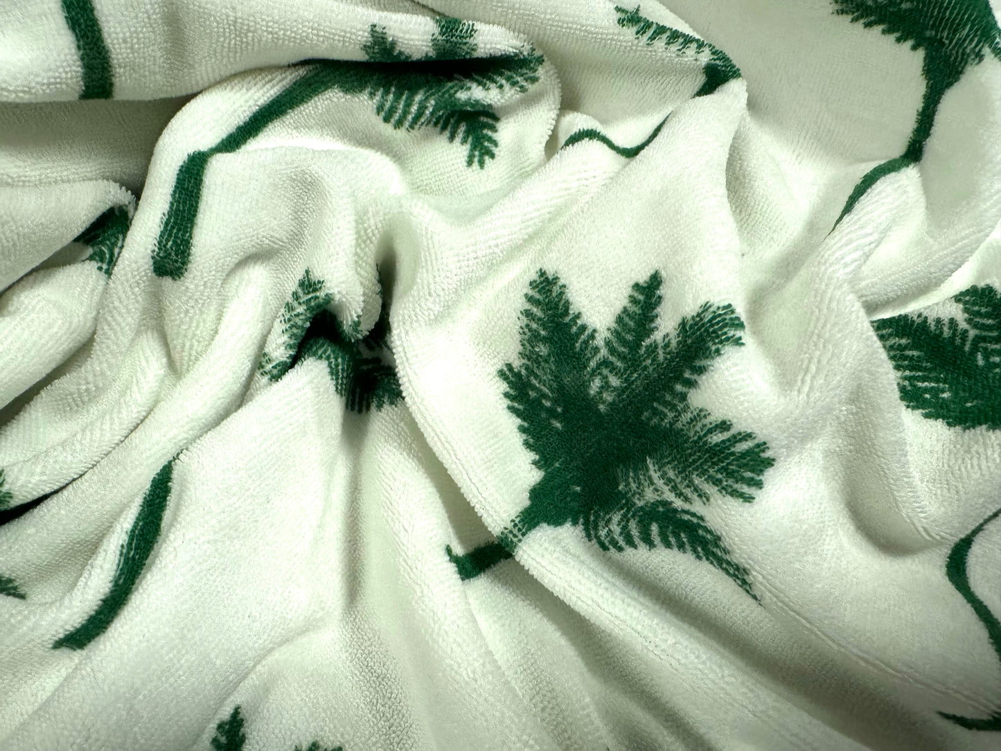 Cotton close cropped terry towelling fabric, per metre - palm trees print - white & green