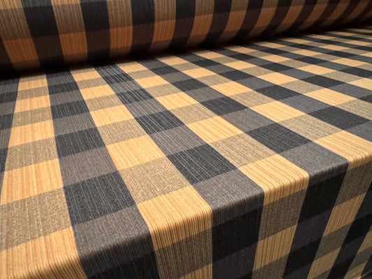 Stretch spandex ribbed jersey fabric, per metre - buffalo check print - charcoal & tan