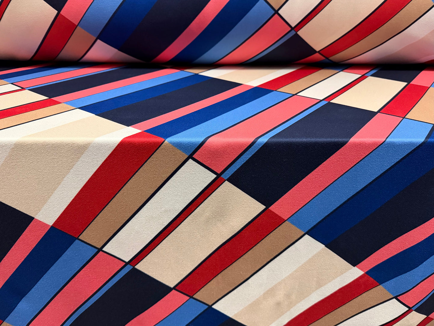 Scuba crepe stretch spandex double jersey fabric, per metre - bias colour block print - blue pink & beige