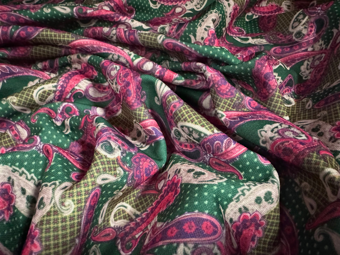 Piqué double jersey fabric, per metre - paisley print - magenta & emerald