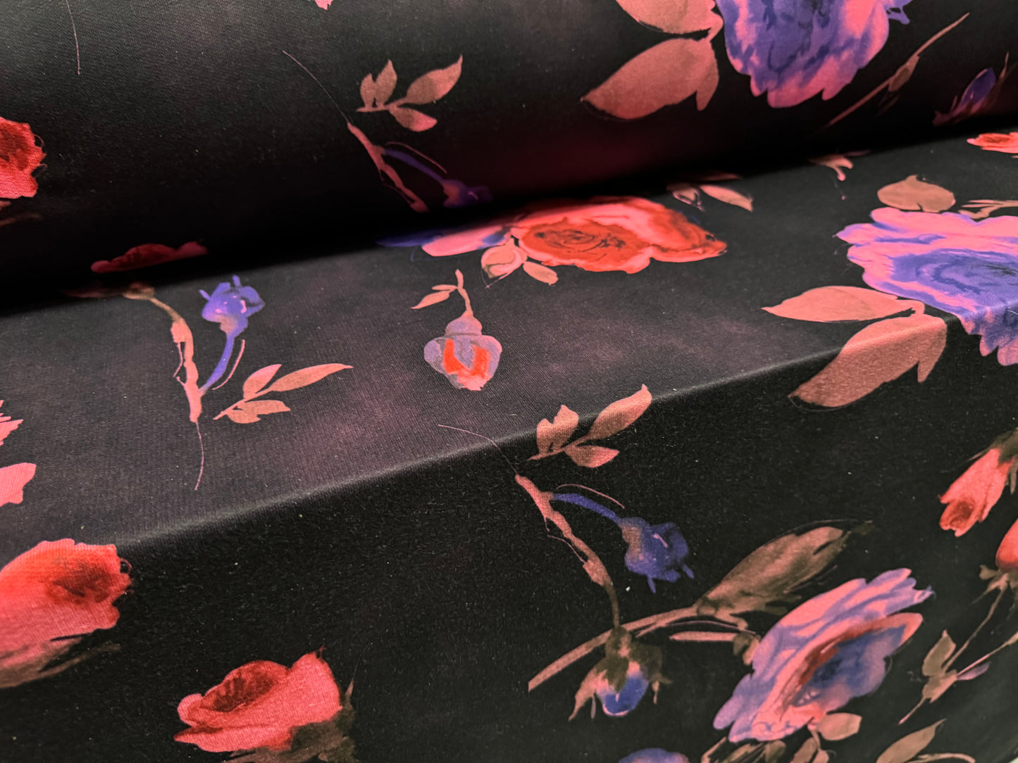 French Terry loopback sweatshirt jersey fabric, per metre - floral roses print - black & bright pink