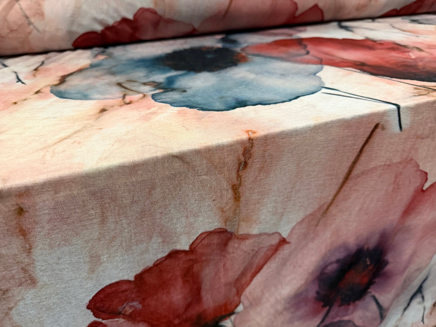 Chiffon jersey fashion fabric, per metre - ink wash poppy print - pink & petrol blue