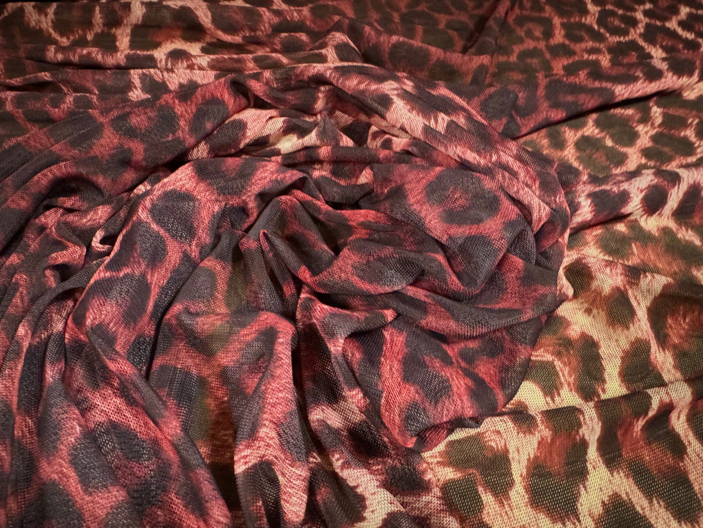 Power mesh net stretch spandex fabric, per metre - leopard animal print - wine