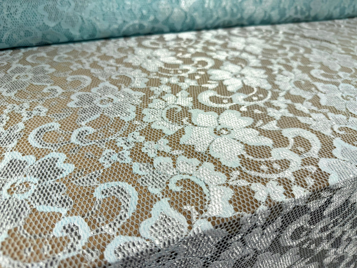 Stretch spandex lace dress fabric with scalloped selvedge, per metre - floral - aqua