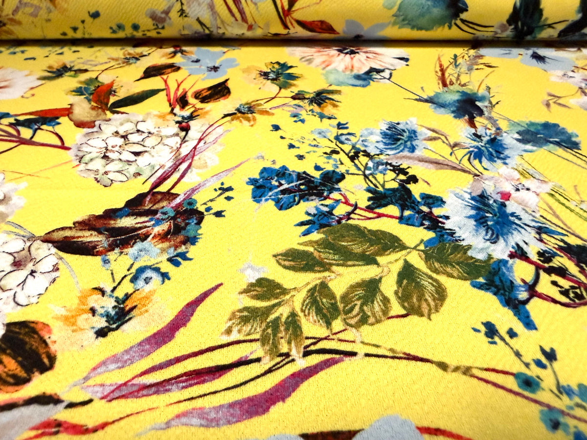 Liverpool stretch spandex double jersey fabric, per metre - floral print - yellow