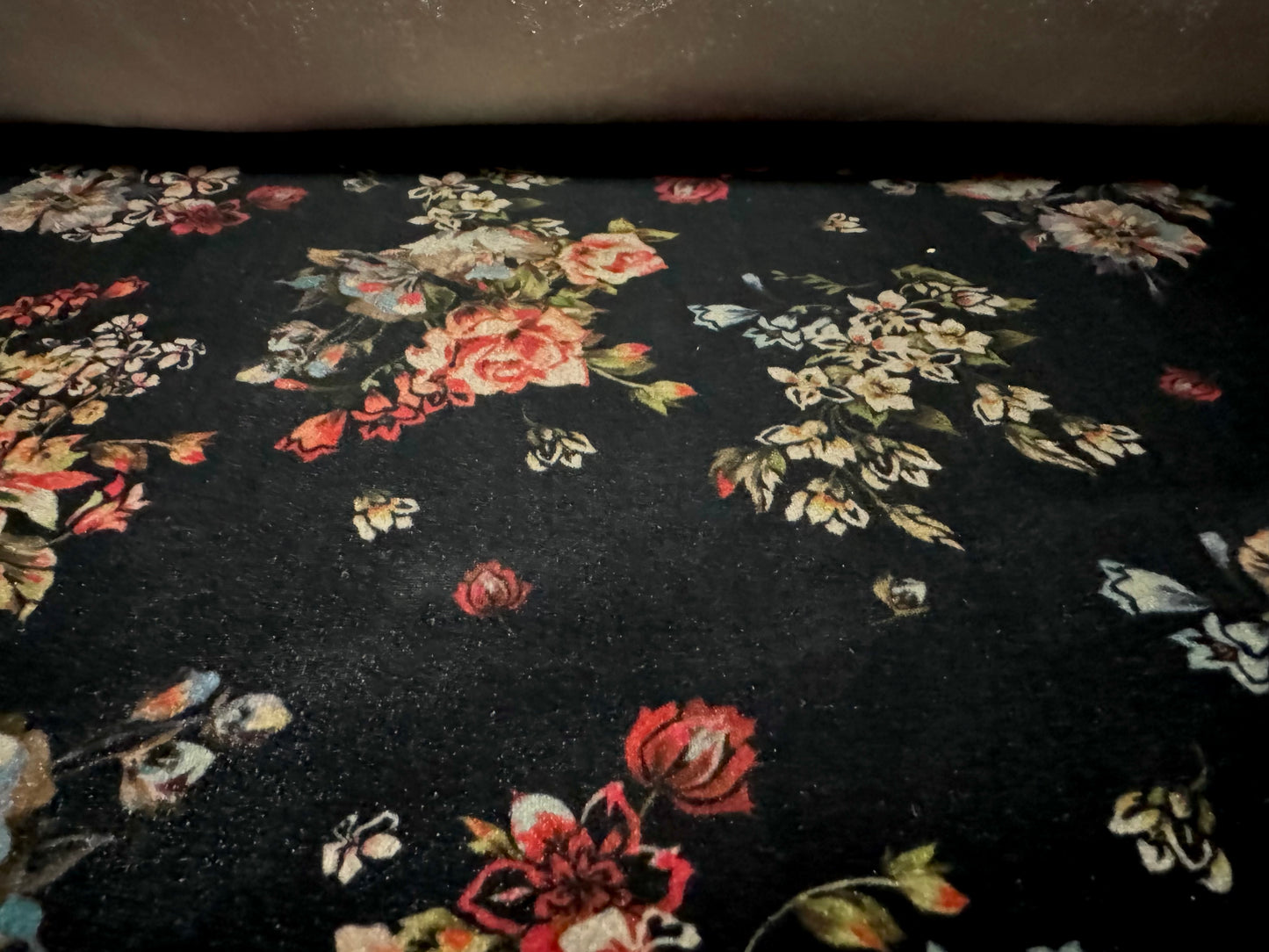 Spandex velvet stretch dress fabric, per mere - floral bouquet print - black with multicolour flowers