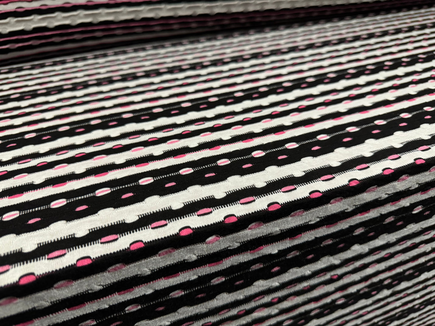 Stretch jersey fashion fabric, per metre - dobby stripe jacquard - black pink & off white