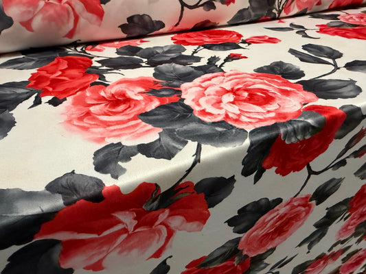 Single jersey fashion fabric, per metre - English Rose print - red & grey