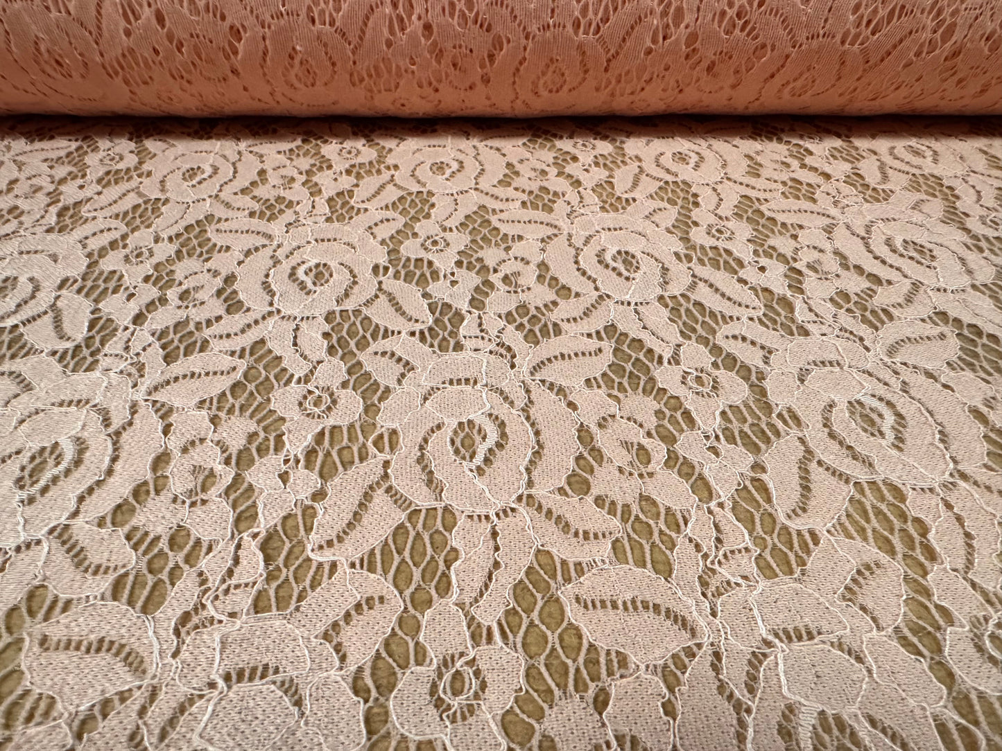 Corded stretch lace dress fabric, per metre - scalloped selvedge - floral - warm pink