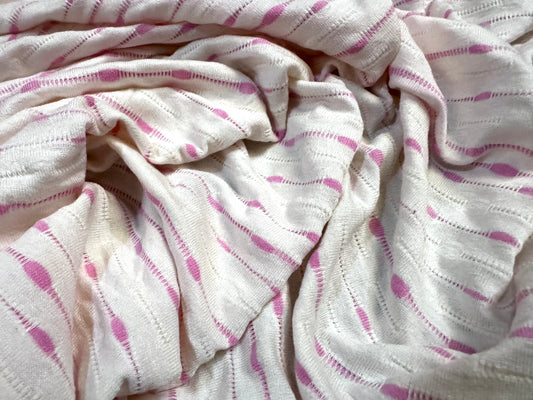 Stretch jersey fashion fabric, per metre - dobby stripe jacquard - pink & white