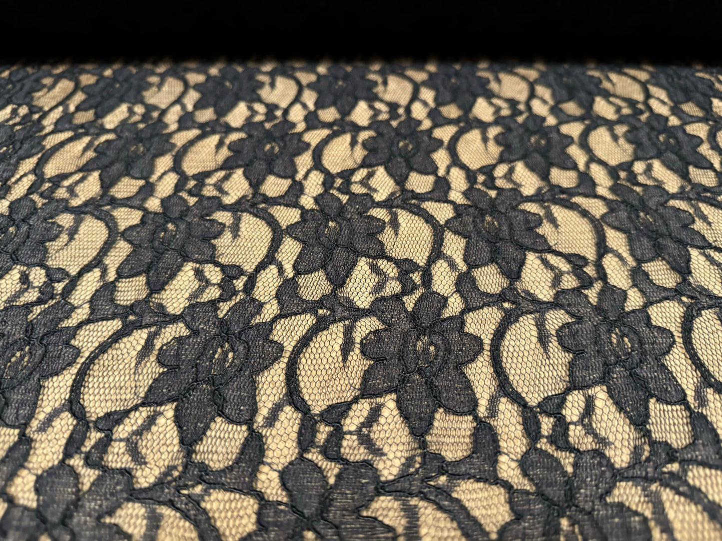 Corded Alencon lace dress fabric with decorative selvedge, per metre - flower pattern - black