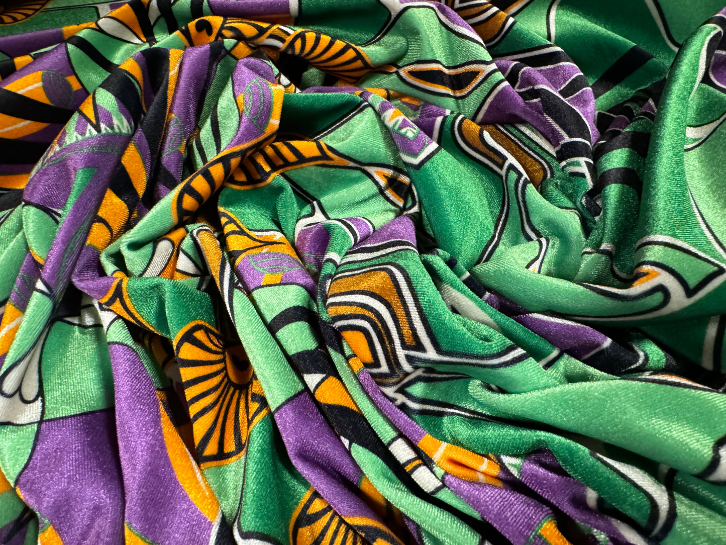 Spandex velvet stretch dress fabric, per mere - retro abstract print - green & purple