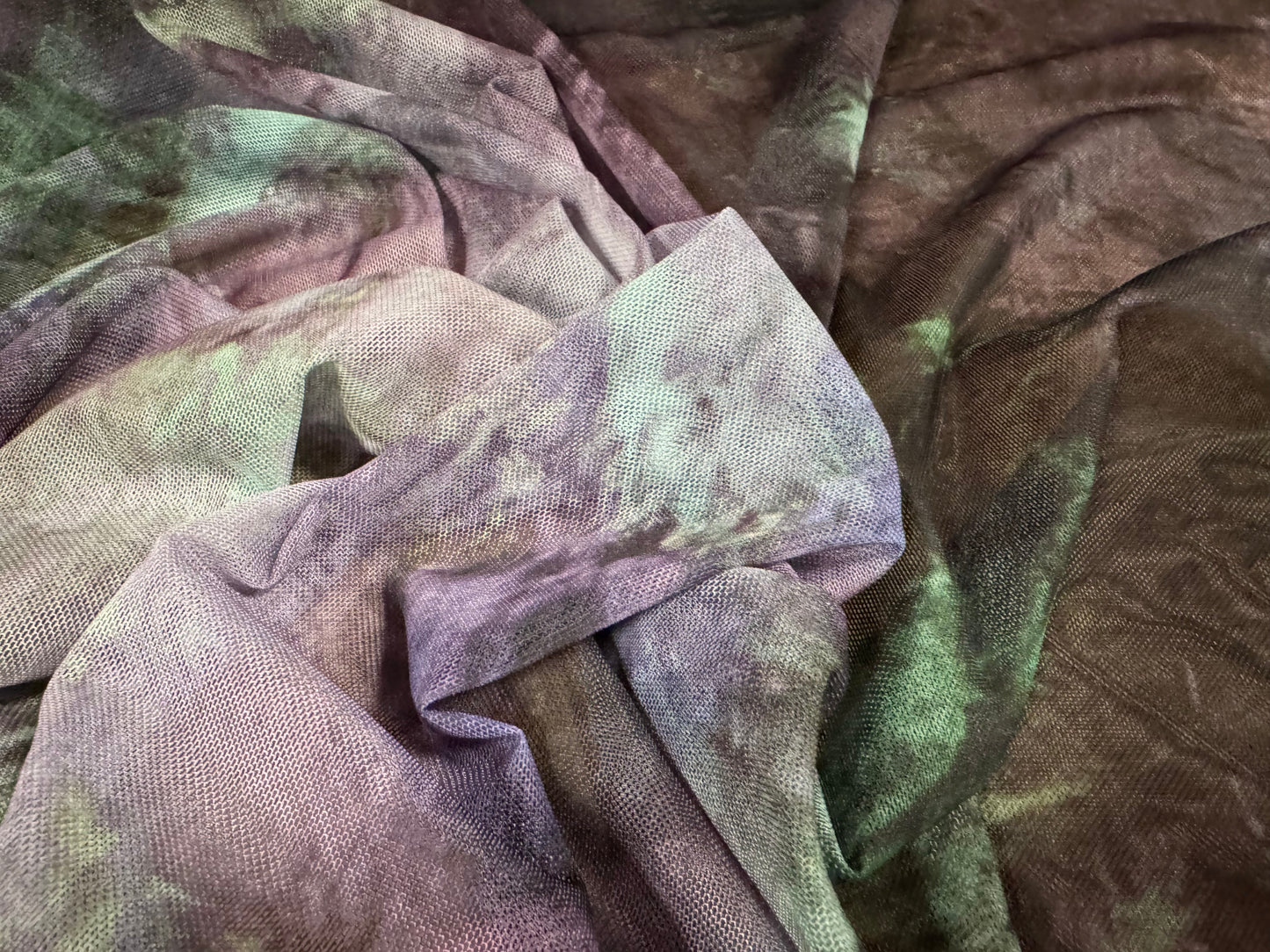 Power mesh net stretch spandex fabric, per metre - abstract print - purple & jade green