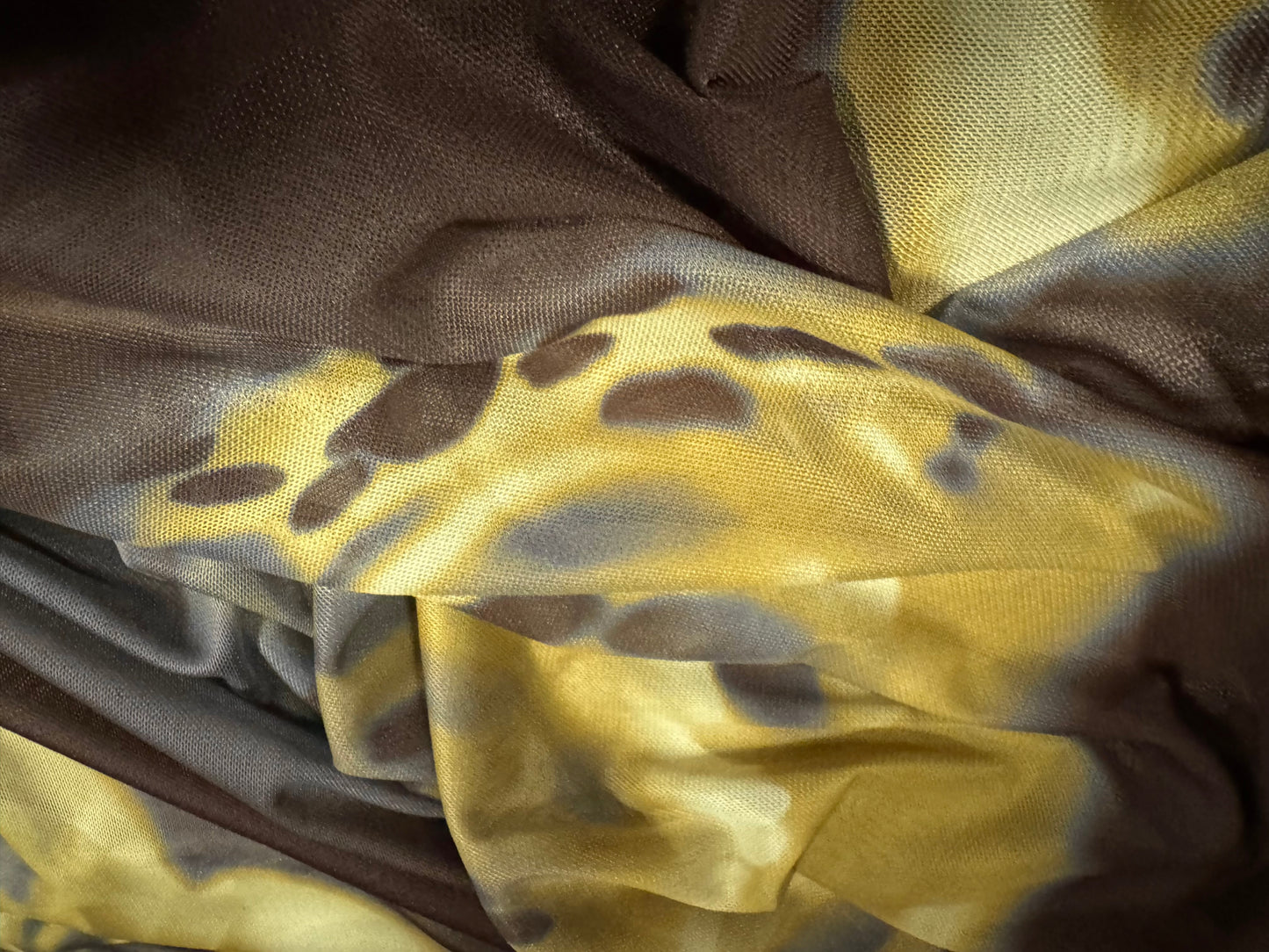 Power mesh net stretch spandex fabric, per metre - orchid print - dark brown & mustard