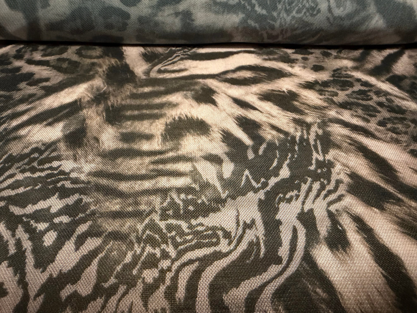 Power mesh net stretch spandex fabric, per metre - tiger fusion print - nude