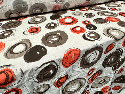 Woven crush dress fabric, per metre - artistic circles print - ivory grey & orange