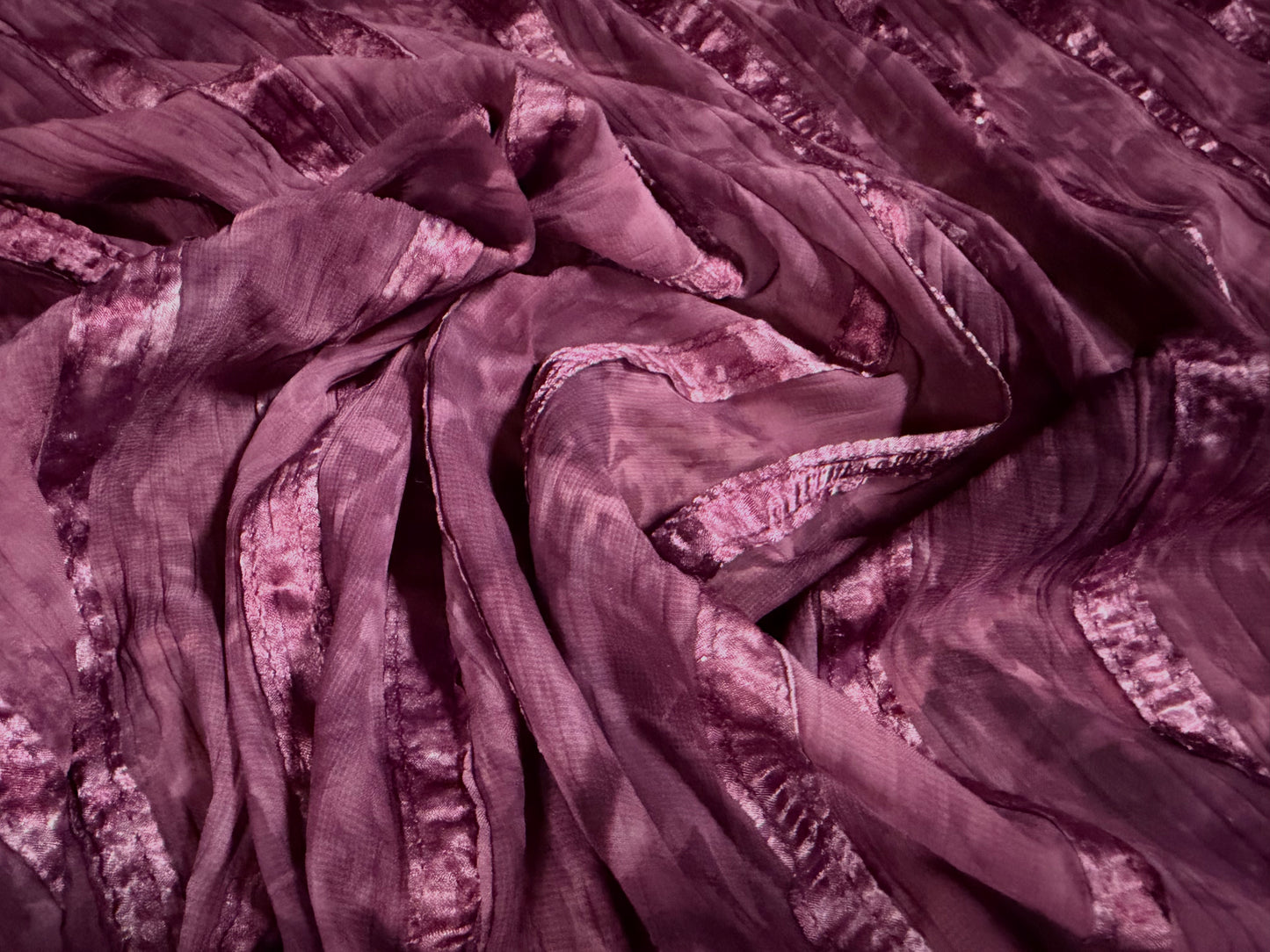Crinkle chiffon woven dress fabric, per metre - satin stripe appliqué - magenta