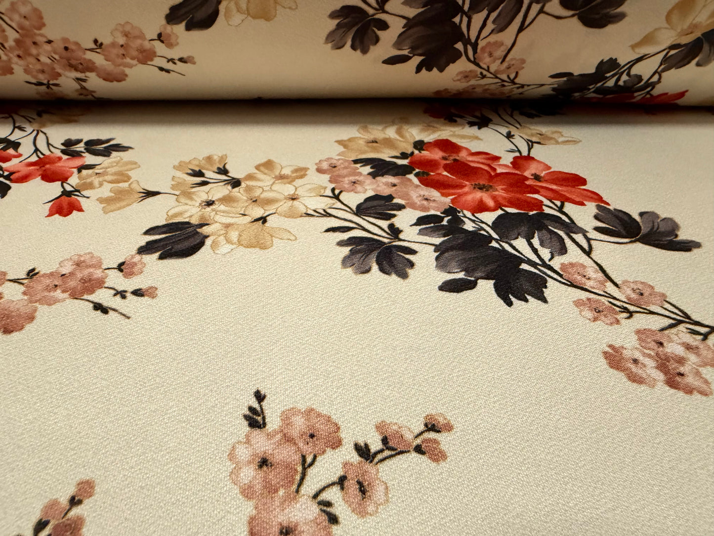 Stretch spandex crepe single jersey fabric, per metre - blossom print - cream
