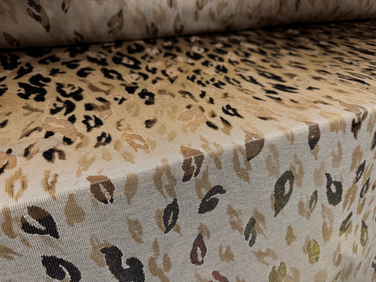 Burnout crepe single jersey fabric, per metre - leopard panel print - gold & beige
