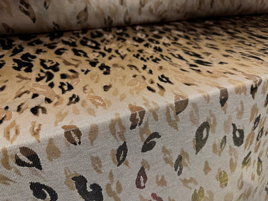 Burnout crepe single jersey fabric, per metre - leopard panel print - gold & beige