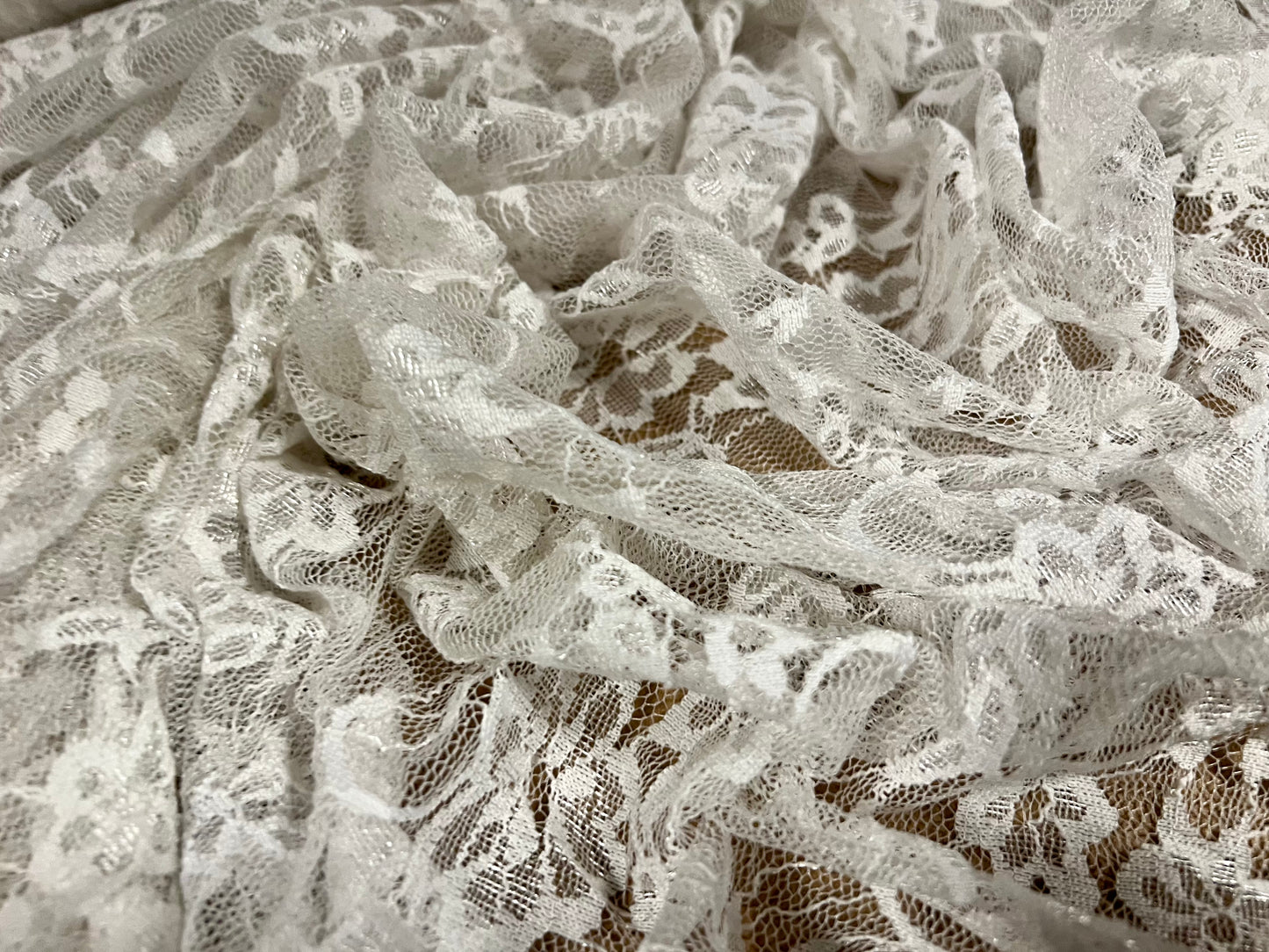 Stretch spandex mesh lace net fabric, per metre - floral - ivory