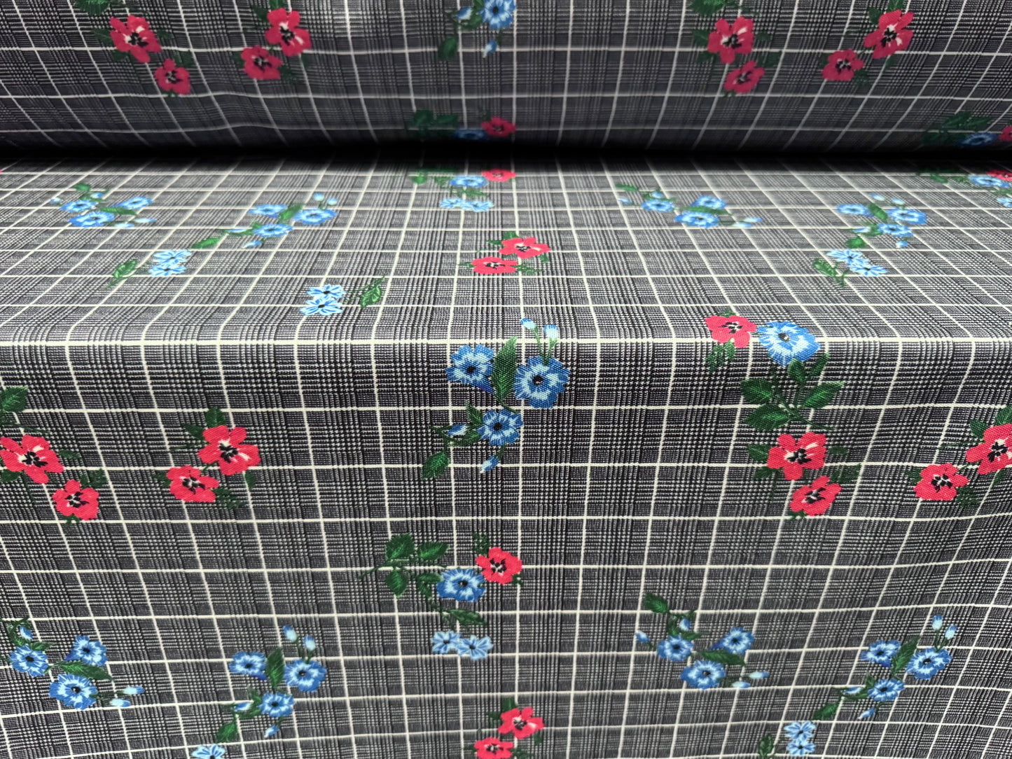 Double jersey upholstery fabric, per metre - floral check print - denim blue