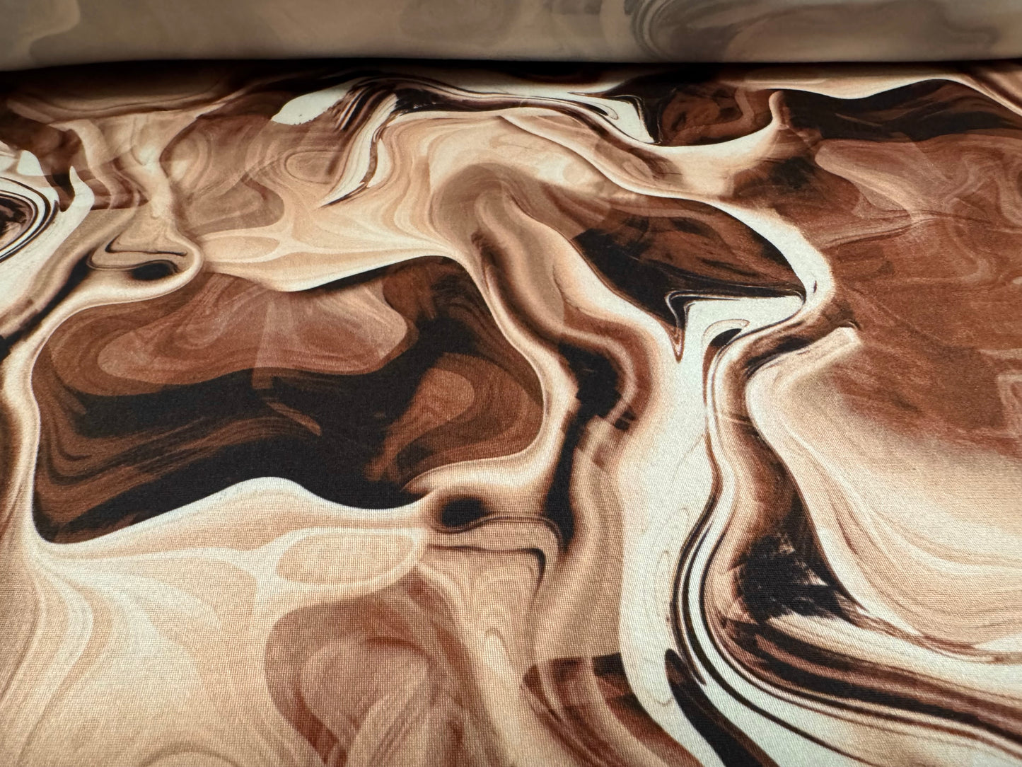 Soft touch stretch spandex jersey fabric, per metre - marbled print - brown