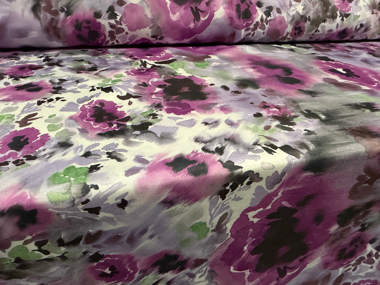 Pongee woven dress fabric, per metre - floral smudge print - magenta