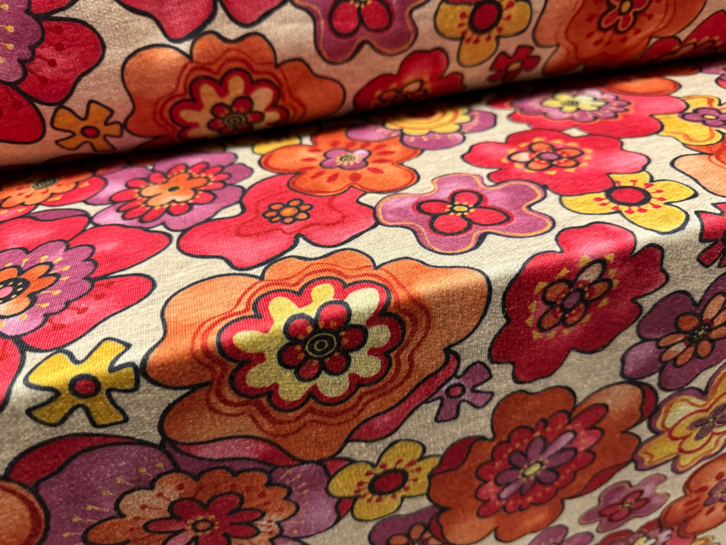 French Terry loopback sweatshirt jersey fabric, per metre - retro flower print - pink & orange