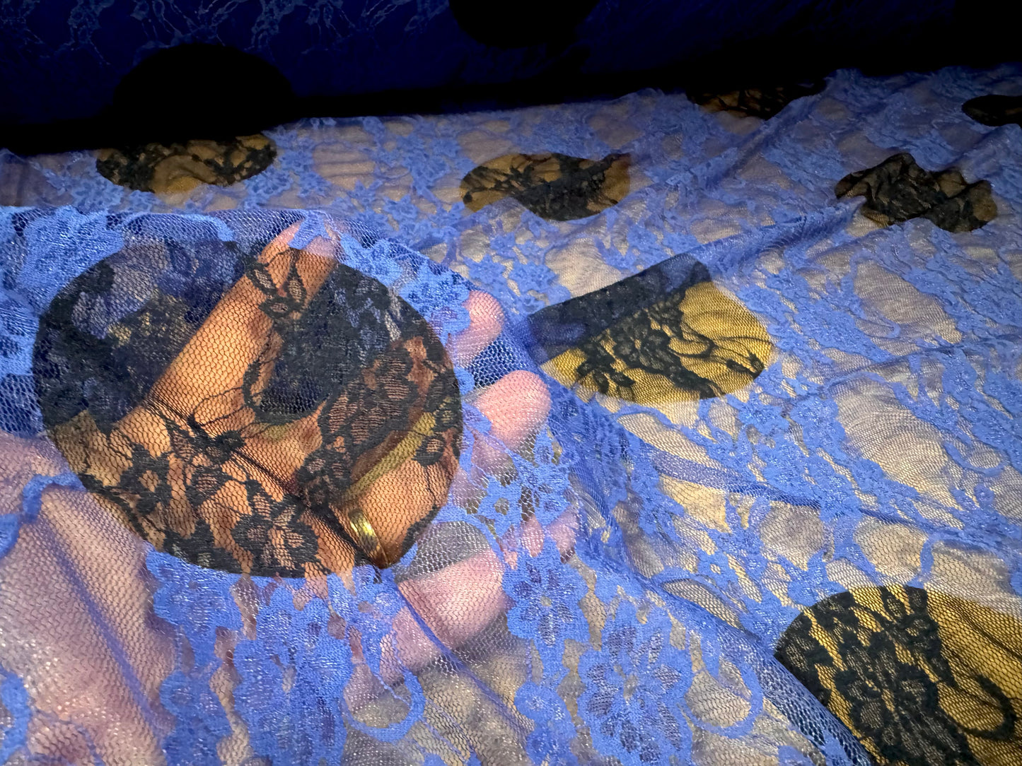 Stretch spandex mesh lace fabric, per metre - jumbo polka dot print - blue & black