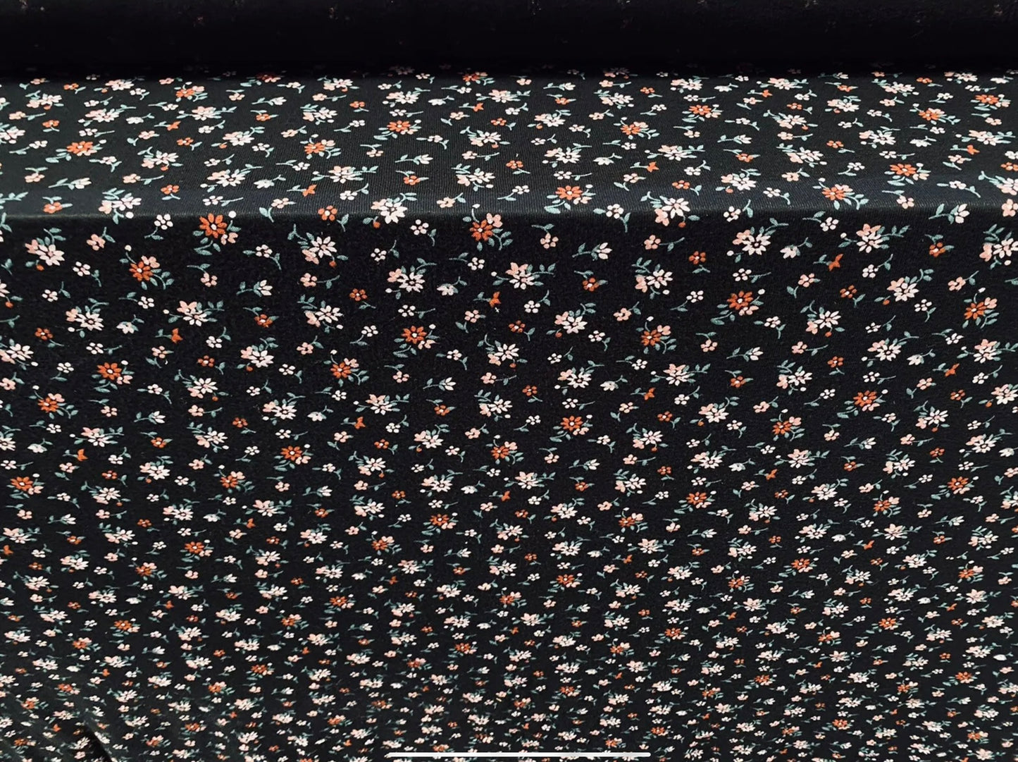 Viscose spandex stretch single jersey fabric, per metre - ditsy print - black with multicolour flowers