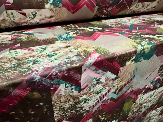 Soft touch stretch spandex single jersey fabric, per metre - stylised blossom print - pink & green
