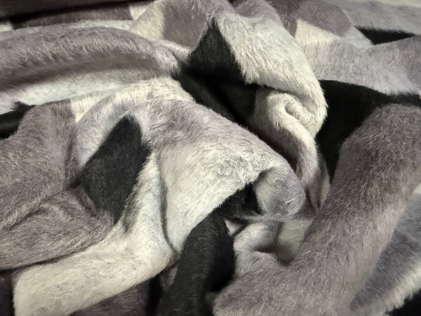 Wool faux fur fabric, per metre - geometric chevron - shades of grey