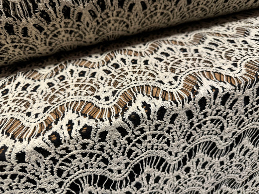 Lace dress fabric, per metre - scalloped frill - black & cream