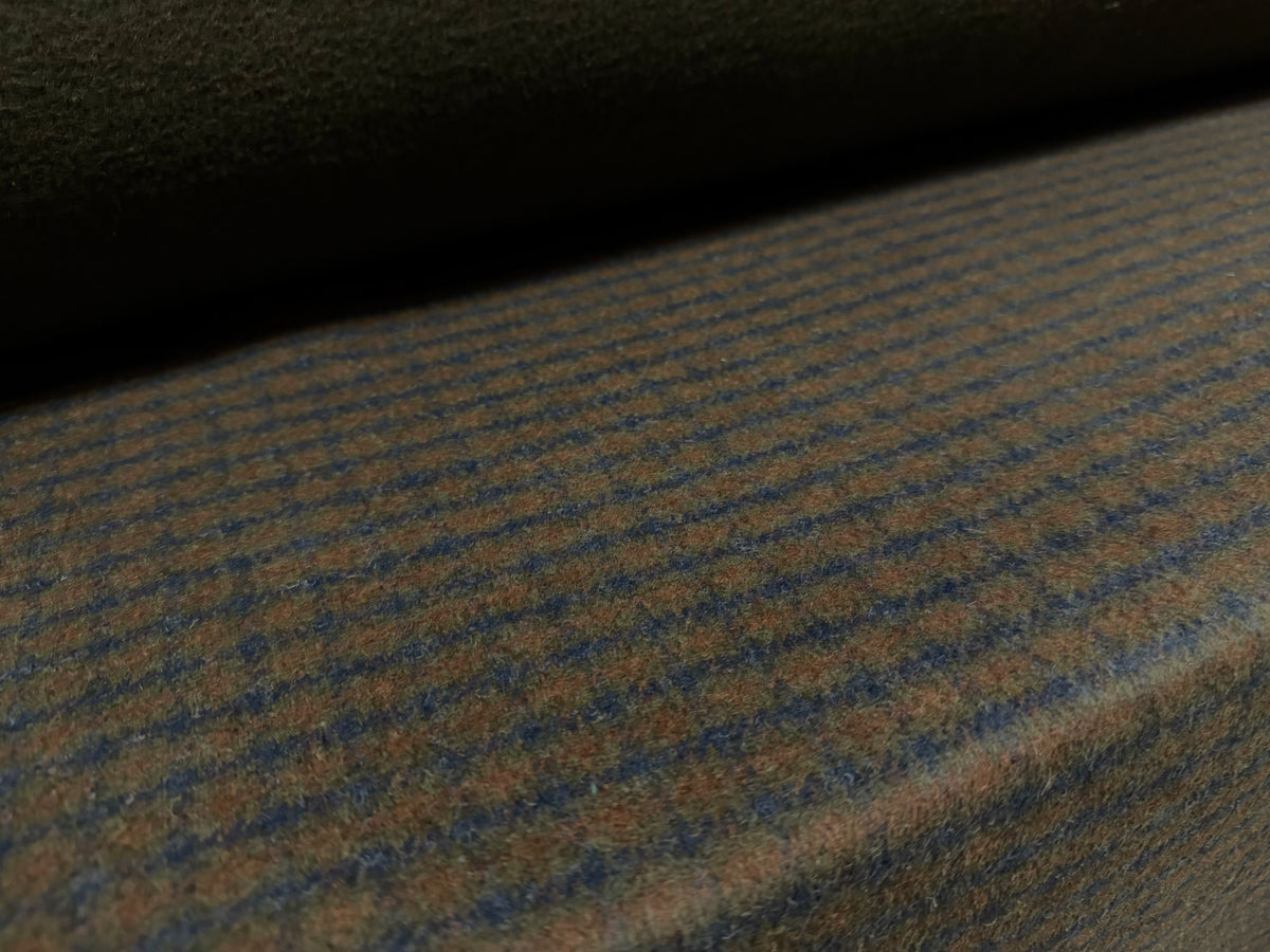Bonded wool flannel fabric, per metre - dual face plain and check - olive green & brown