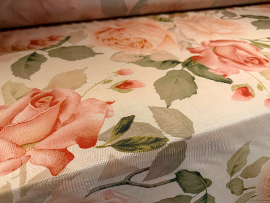 Power mesh net stretch spandex fabric, per metre - roses print - peach melba