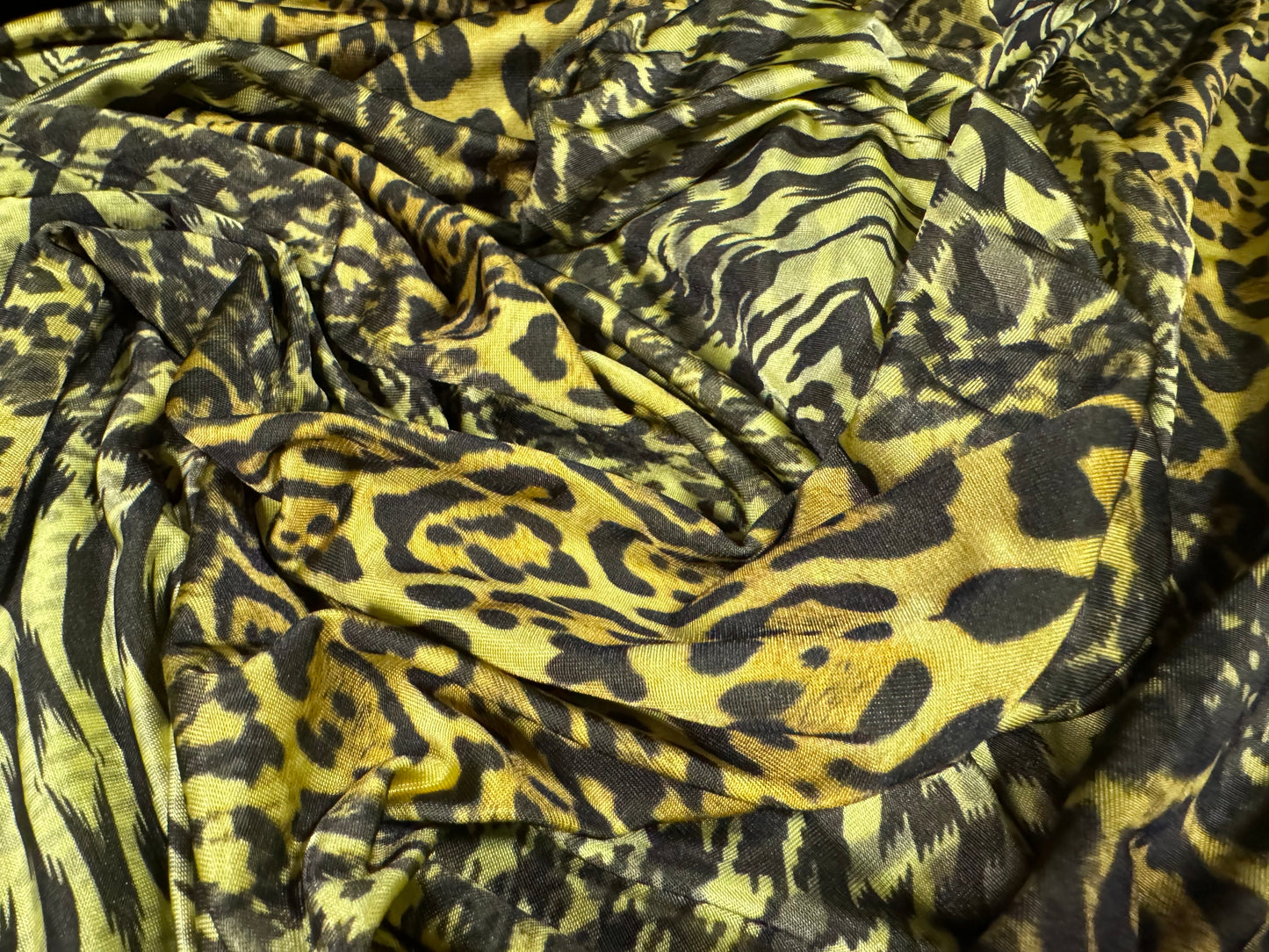 Soft touch stretch spandex single jersey fabric, per metre - stylised leopard print - lemon & gold