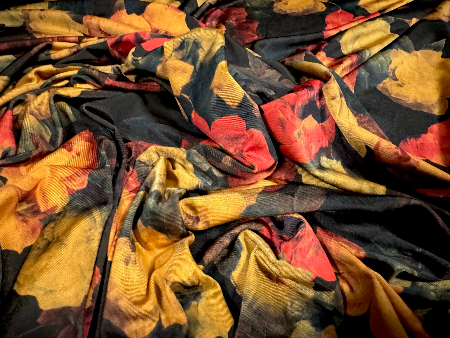 Soft touch stretch spandex single jersey fabric, per metre - roses print - black amber & red