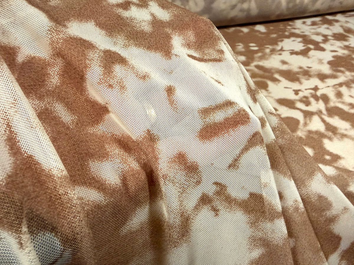 Power mesh net stretch spandex fabric, per metre - abstract print - cream & brown