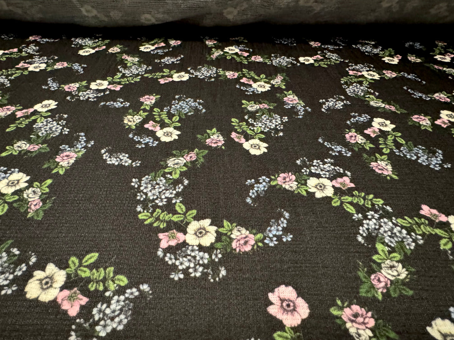 Textured stretch spandex jersey fabric, per metre - floral flourish print - black & lilac