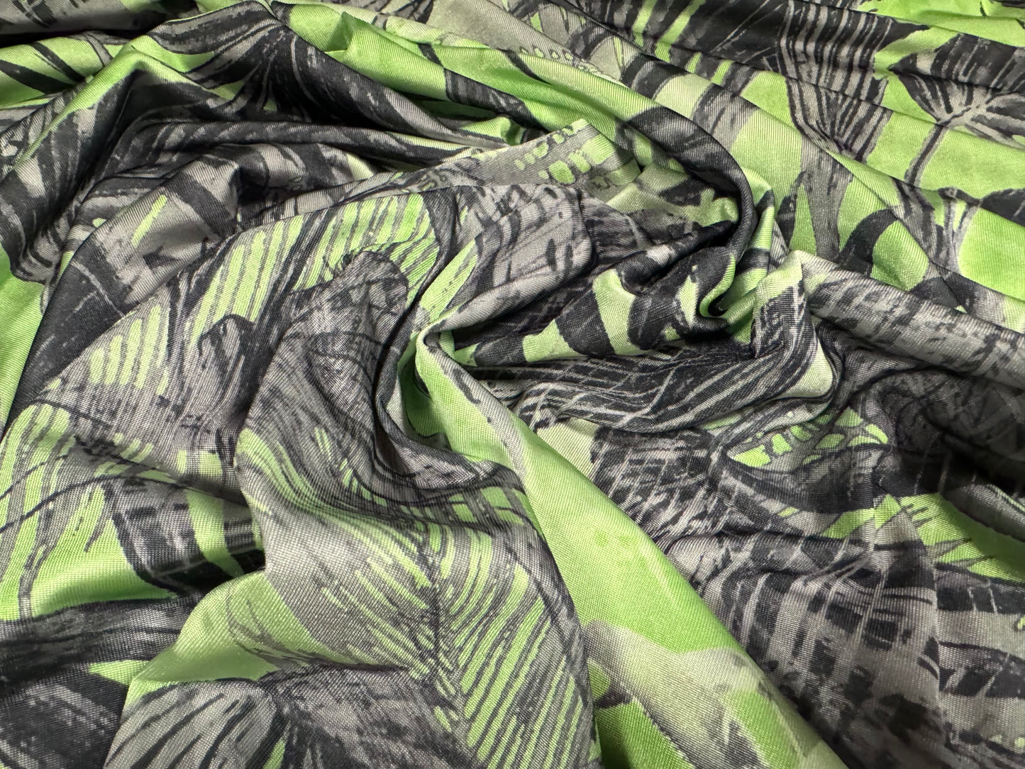 Disco stretch single jersey fabric, per metre - Palm Tree Fronds print - green & grey