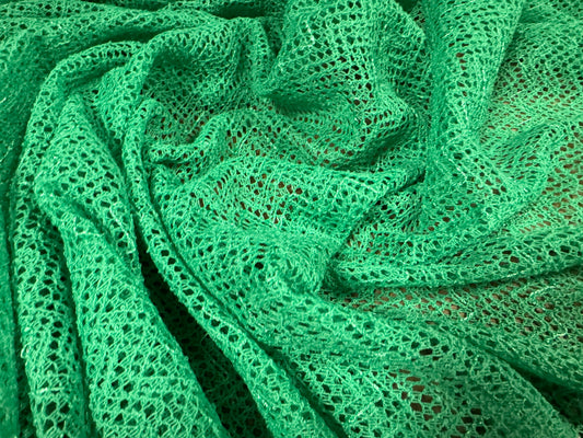 Crochet knit lace dress fabric with sequins, per metre - chevron - green