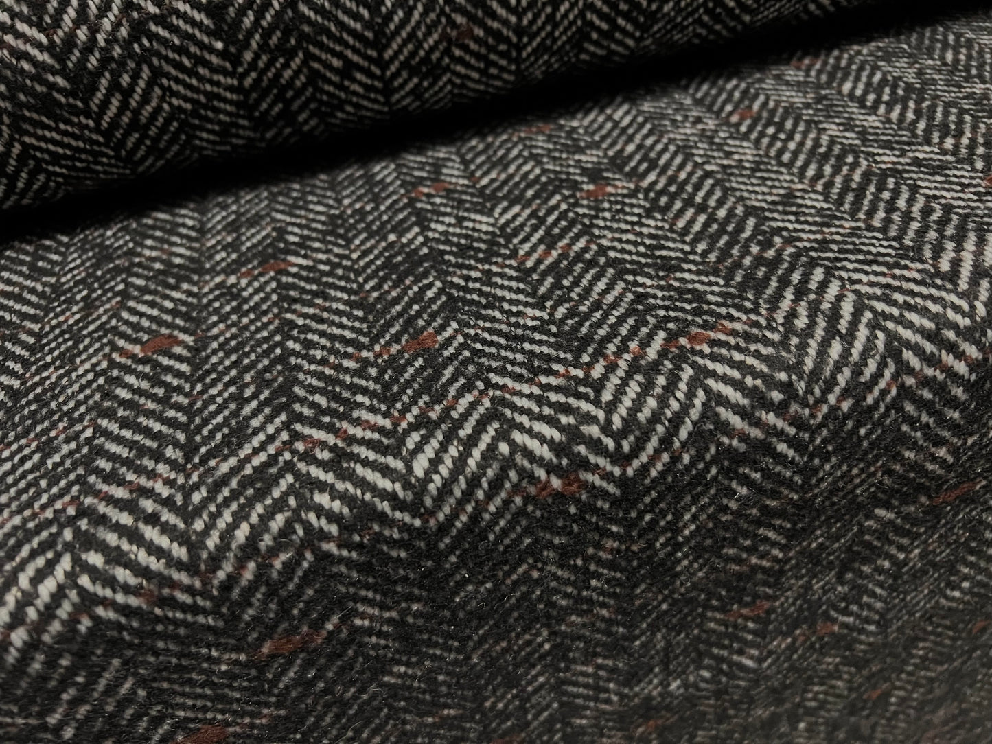 Wool blend coat jacket fabric, per metre - herringbone slub - charcoal grey brown & white