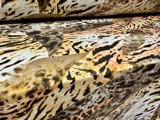 Stretch spandex interlock jersey fabric, per metre - animal collage print - beige & gold
