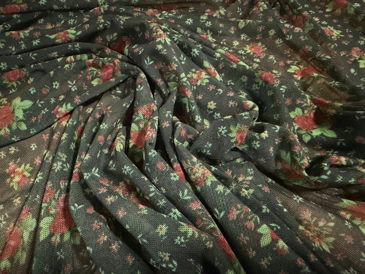 Power mesh net stretch spandex fabric, per metre - ditsy floral print - black green & red