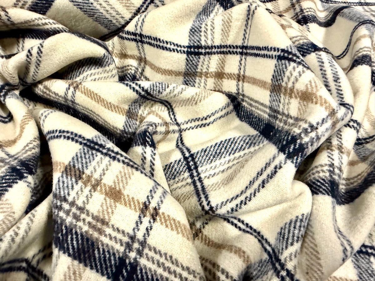 Wool flannel fabric, per metre - plaid check - cream navy & beige