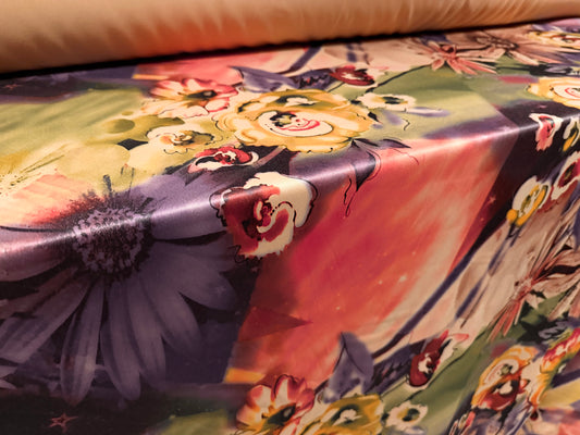 Stretch sateen woven fashion fabric, per metre - floral print - purple pink & light brown