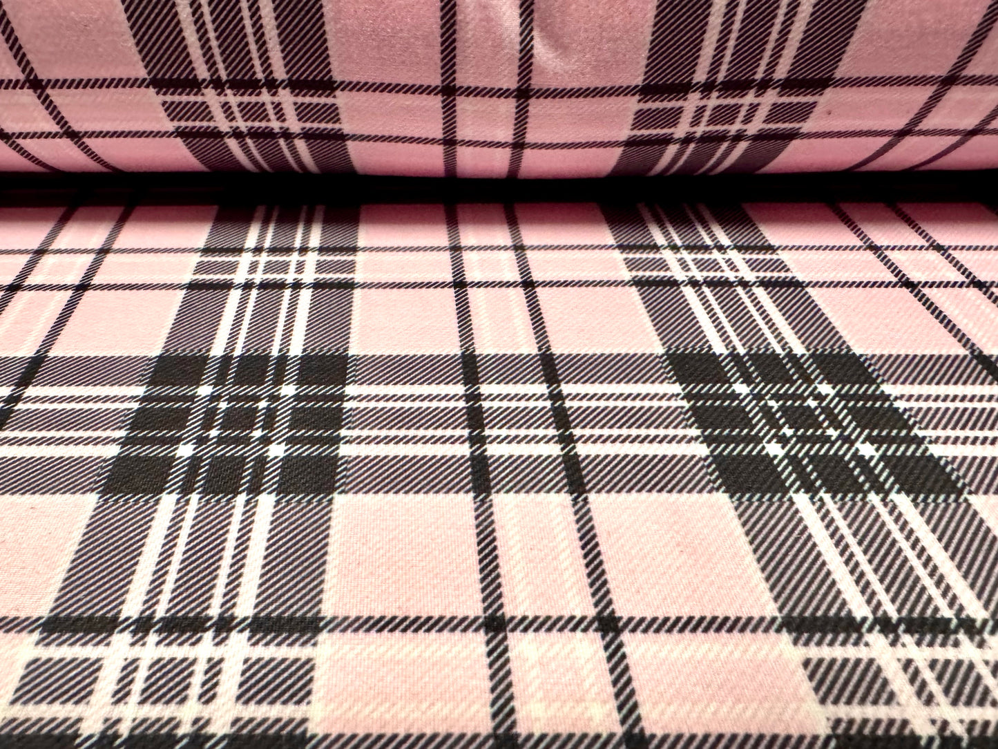 Stretch spandex interlock jersey fabric, per metre - tartan check print - pink & grey